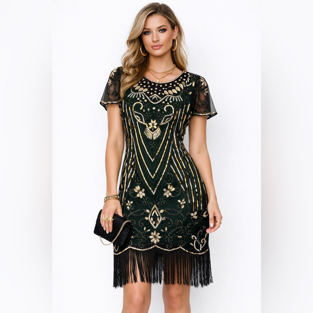 SWEETV Art Deco Sequin Fringe Gatsby Flapper Dress Black, Green and Gold